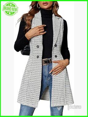 Sleeveless Tweed Plaid Long Blazer Vest for Women | Business Casual Office Wear
